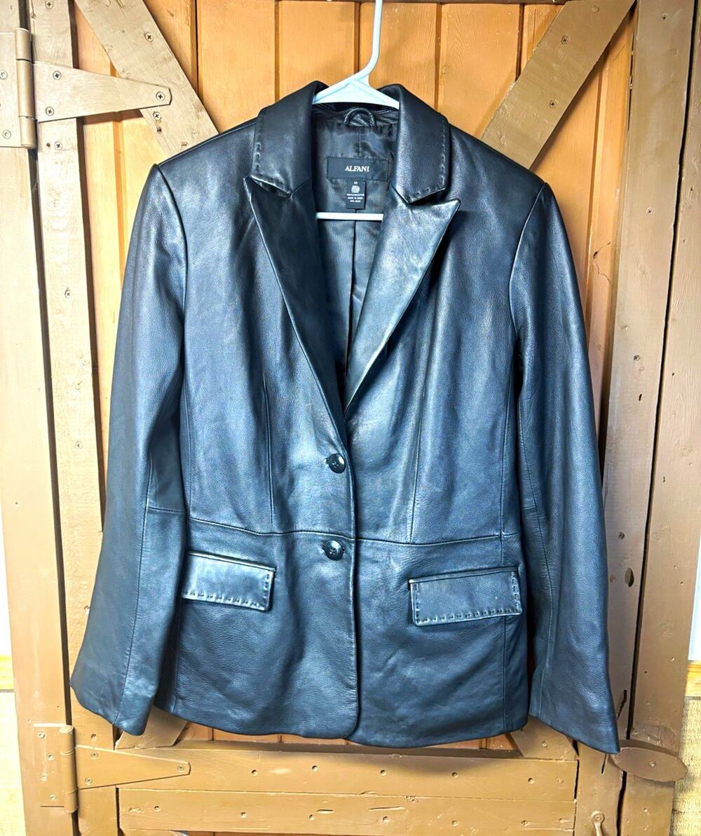 Alfani Womens Black Genuine Leather Blazer Jacket Medium 2 Button Lined